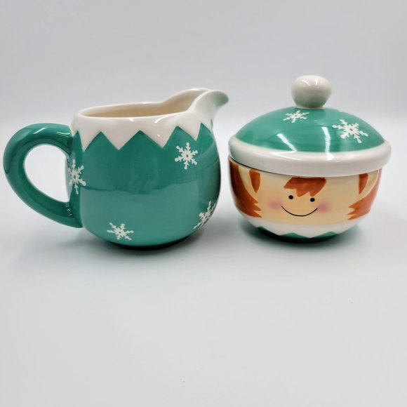 Christmas Elf Cream And Sugar Set Condiments Serving Coffee Tea Read - Picture 1 of 10